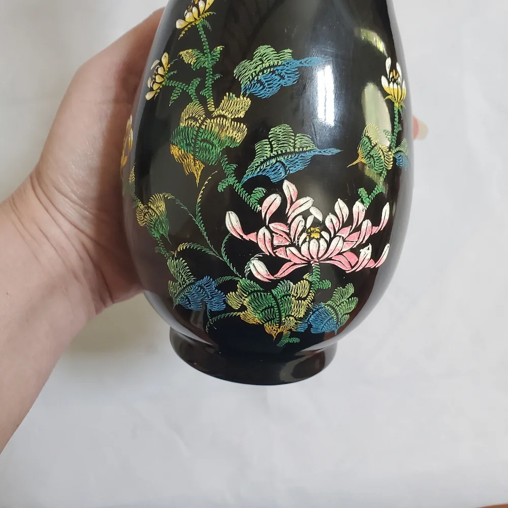 Black Lacquer Flower Butterfly Vase AS IS